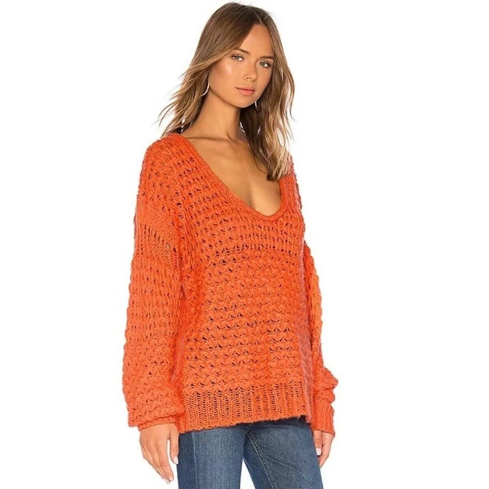 Free People Crashing Waves Wool Blend Open Knit Oversized Sweater Orange Women S